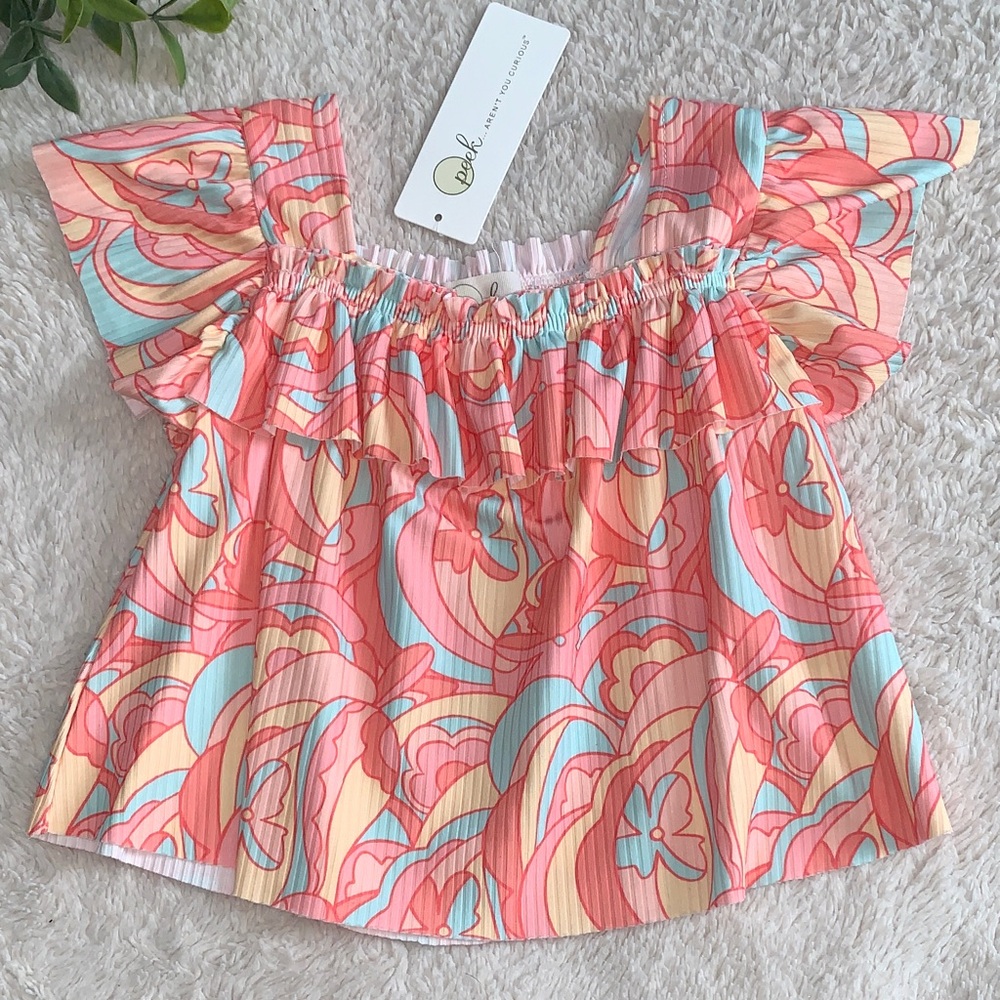NWT PEEK Orange & Blue Ribbed Babydoll Top 2T Retro Design